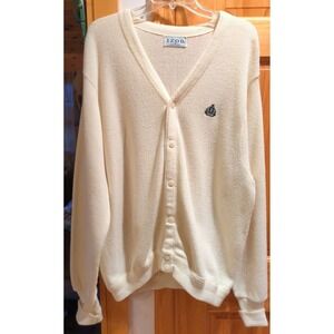 VTG 70s IZOD Ivory Grandpa Style Cardigan Sweater Adult XL USA Made Embroidered